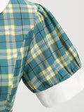 Penter-Pan Collar Button Front Green Plaid Rockabilly Vintage Dresses for Women High Waist Elegant A-Line Dress