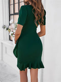 2024 Elegant Women's Sheath Bodycon Dress Solid Green Red Black Irregular Hem Ruffle Bandage Short Evening Party Dresses