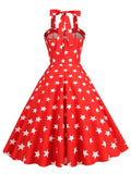 Halter Neck Star Print 50s Robe Summer Fit and Flare Swing Dress Women Evening Party Sexy Backless Vintage Clothes