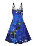 Butterfly and Blue Floral Vintage V-Neck Sleeveless Tank Dress Women Prom Party Backless Casual A-Line Dresses