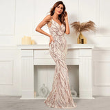 Women Strap V Neck Gold Sequin Evening Dress Sexy Beading Party Maxi Dress Long Prom Dress