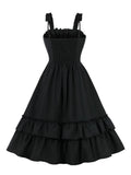 Vintage Frilled Trim Shirred High Waist Black Tank Dresses Summer Outfits for Women Ruffles Hem Pleated Long Dress