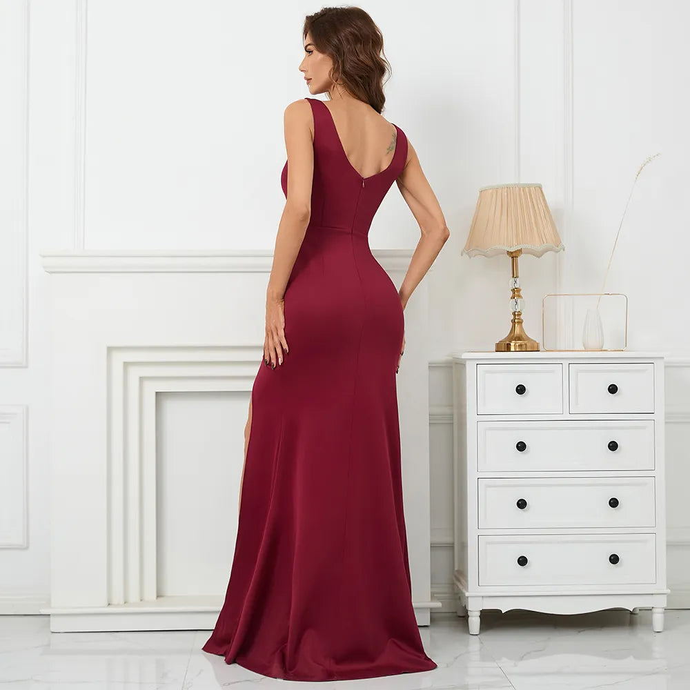 Soft Satin Burgundy Pleat Beading Evening Sleeveless Sexy Slit Party Maxi Long Prom Dress
