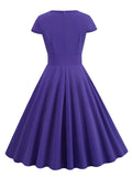 O-Neck Hollow Out Front High Waist Solid Vintage Dress Summer Women Cap Sleeve A-Line Midi Swing Dresses