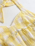 Vacation Women Summer Dress Sexy Backless Party Halter Neck Yellow Plaid 50s Vintage High Waist Ladies Swing Dresses