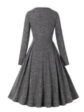 O-Neck Long Sleeve Fall Knitted Dresses Women Grey Solid Lace-Up High Waist Pleated Vintage Winter Swing Dress