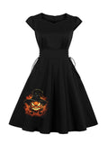 Vintage Pumpkin Print Lace-Up Side Corset Dresses Halloween Clothing for Women Cap Sleeve Cotton Black Retro Dress