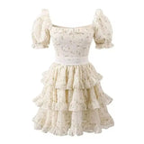 Elegant Sweet White Korean Mini Princess Summer Retro Square Collar Cascading Ruffles Puff Sleeve Fluffy Dress