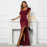 Women Slash Neck Burgundy Evening Dress Ruffles Celebrity Maxi Dress Sexy Slit Long Party Dress