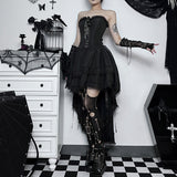 Gothic Hi Low Corset Swing Women Mall Goth Lace Trim Sleeveless Bodycon Tube Formal Strapless Evening Dress