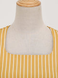 Square Neck High Waist Striped Vintage Clothes Ladies Midi Swing Dresses Cotton Elegant for Women Pocket Dress