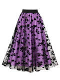 Vintage Floral Flocking Mesh Long Skirt for Women Elastic Waist Elegant Summer Pleated Flare Skirts