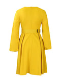 Yellow Solid Vintage Brief Dress Women Autumn Winter O-Neck Bishop Sleeve Belted Pleated Elegant Swing Dresses