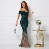 Women Elegant Boat Neck Party Maxi Dress Off Shoulder Black Sequin Evening Dress Long Prom Dress