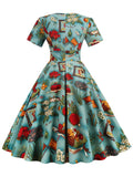 Short Sleeve 1950s Retro Clothes Women Multicolor Print Cotton Robe Femme Summer Vintage A-Line Long Swing Dress
