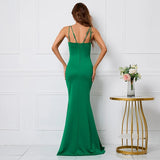 Women Sexy Strap Beading See Through Green Evening Dress Party Maxi Dress Long Prom Dress