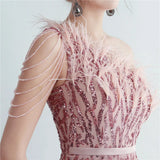 Elegant Slash Neck Feather Sequin Evening Dress Women Beading Long Party Maxi Dress