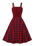 Red Plaid 100% Cotton Summer Rockabilly Vintage Dress Spaghetti Strap Button Front Shirred Back Party Dresses Women