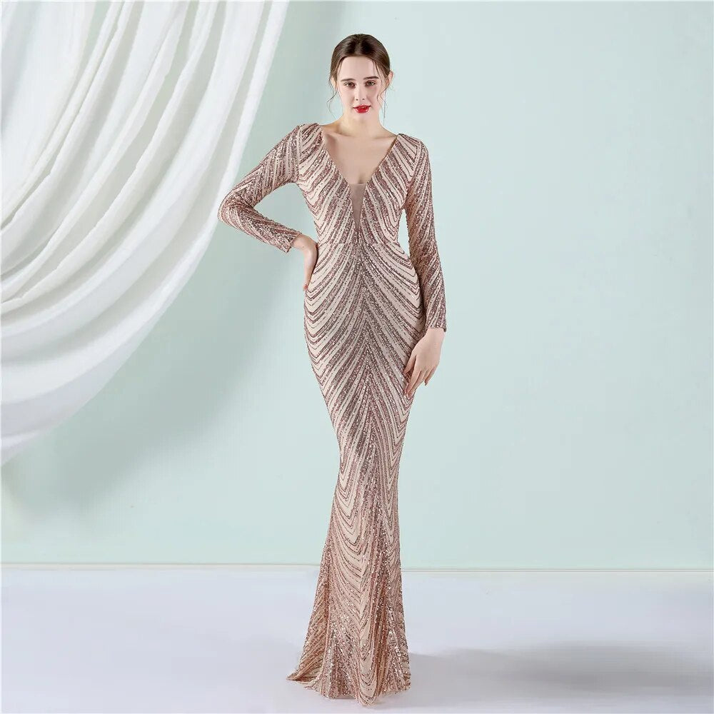 Stretch Sequin Maxi Dress Full Sleeve V Neck Mermaid Stripes Evening Night Long Party Dress