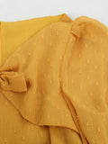 Ginger Tie Neck Hollow Out Front Swiss Dot Chiffon Elegant Midi Dresses Women Bishop Sleeve Vintage A-Line Autumn Dress