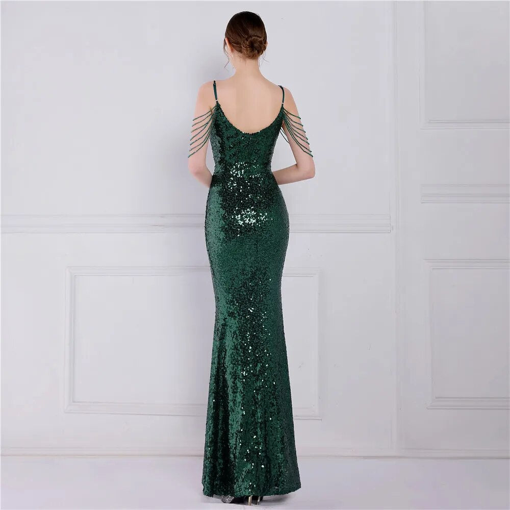 Women Strap Party Maxi Dress Sexy V Neck Beading Evening Dress Celebrity Green Sequin Long Prom Dress