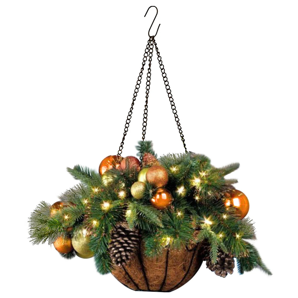 Pre-lit Artificial Christmas Hanging Basket-mixed Decorations And White LED Lights-frosted Berries Ornaments Hanging Decoration