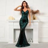 Women Sexy Strap Silver Sequin Dress Party Maxi Dress V Neck Evening Dress Long Prom Dress