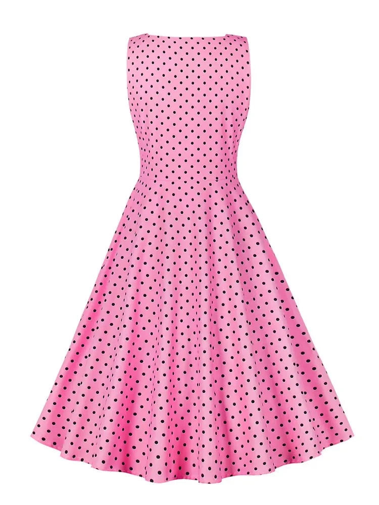 Polka Dot Print Summer Swing Vintage Casual Pink A Line Flare Pinup Runway Sundress 50s 60s Women's Short Cocktail Dress
