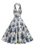 Floral Print 50s Party Retro Women High Waist Dresses Halter Neck Evening Wear Backless Halter Summer Cotton Dress