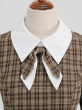 Brown Plaid Rockabilly Vintage Midi Dresses Turn-Down Collar Bow 3/4 Length Sleeve Autumn Winter Women Elegant Dress