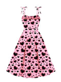 Heart Print 50s Pinup Vintage Pleated Dresses for Women Summer Vacation Knot Strap Belted Fit and Flare Dress