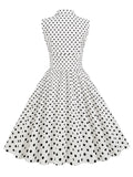 Notched Collar Double Breasted White Cotton Dresses Women Sleeveless Polka Dot Vintage Rockabilly Midi Dress