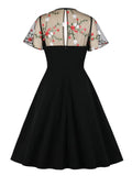 Short Sleeve Contrast Mesh Elegant Women Floral Embroidery Swing Dress Tie Neck Pocket Side Summer Vintage Clothes