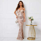 Women Elegant Party Maxi Dress Off Shoulder Gold Sequin Evening Dress Long Prom Dress