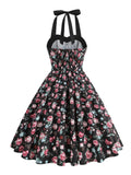 Vintage Style Floral Print Dress Summer Halter Neck Backless Party Wear Button Front High Waist Women Retro Dresses