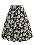 Daisy Floral Retro Style A-Line Midi Skirts for Women Concealed Zipper Back Vintage Clothes Pinup Black Skirt
