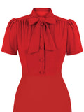 Knot Tie Neck Button Up Purple Vintage 50s Wiggle Dress Women Elegant Short Sleeve Bodycon Solid Summer Dresses