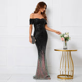 Women Elegant Boat Neck Party Maxi Dress Off Shoulder Black Sequin Evening Dress Long Prom Dress