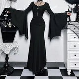 Gothic Halloween Women Sheath Witch Vintage Batwing Sleeve V Neck Long Mermaid Formal Gown Evening Dress