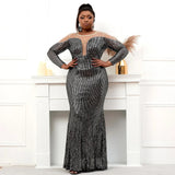 Plus Size Stretch Sequin Maxi Dress Pearls Full Sleeve See Through Mermaid Evening Night Long Party Dress