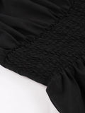 Vintage Frilled Trim Shirred High Waist Black Tank Dresses Summer Outfits for Women Ruffles Hem Pleated Long Dress