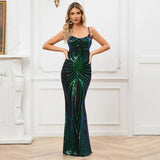 Sexy Backless Green Sequin Evening Dress Strap Party Maxi Dress Long Prom Dress