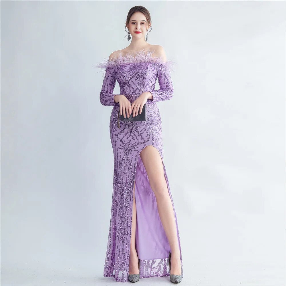 Off Shoulder Feather Sequin Dress Full Sleeve Evening Night Long Party Maxi Dress