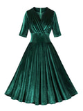 Ruched V-Neck Green Velvet Elegant Party Dresses for Women Winter Half Sleeve High Waist Vintage Christmas Swing Dress