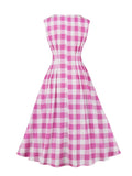 Pink Plaid Elegant Sleeveless Summer Midi Dresses for Women High Waist Pleated Vintage Rockabilly Pockets Dress