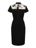 Mandarin Collar Butterfly Mesh Shoulder Black Pencil Dress Bodycon Elegant Women Party Vintage Dresses