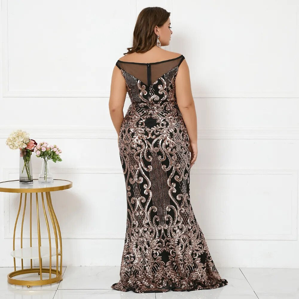 Plus Size Women Elegant Boat Neck Party Maxi Dress Off Shoulder Black Gold Sequin Evening Dress Long Prom Dress