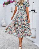 2024 Spring Summer Casual Holiday Floral Print Vintage Dress for Women Short Sleeve V Neck Midi Long Runway Flare Dresses