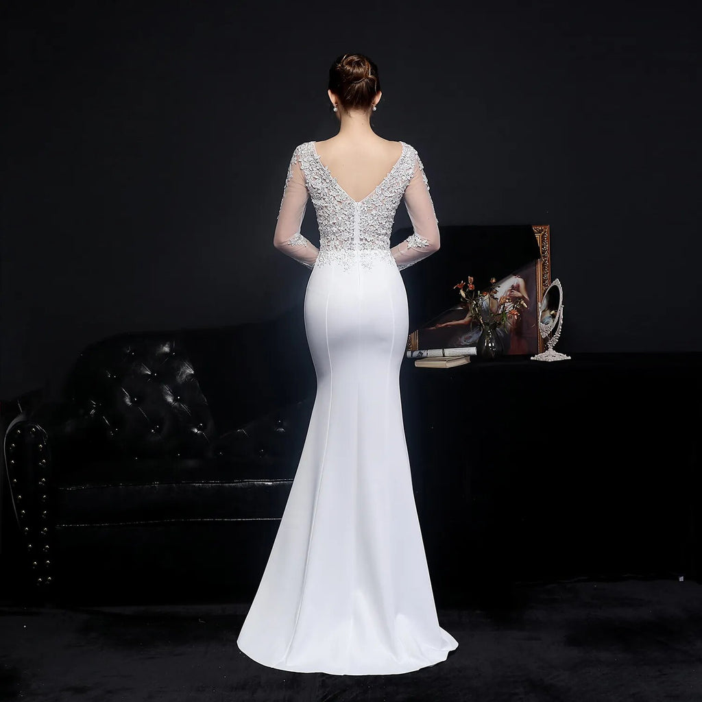 White Long V-neck Appliques Full Sleeve Evening Dress See through Elegant Wedding Dress