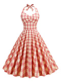 Pink Textured Plaid Evening Party Sexy Long Dresses Summer Women Halter Backless High Waist Vintage Swing Dress